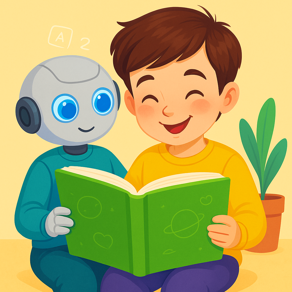 children reading with AI assistance, colorful illustration, modern digital art style